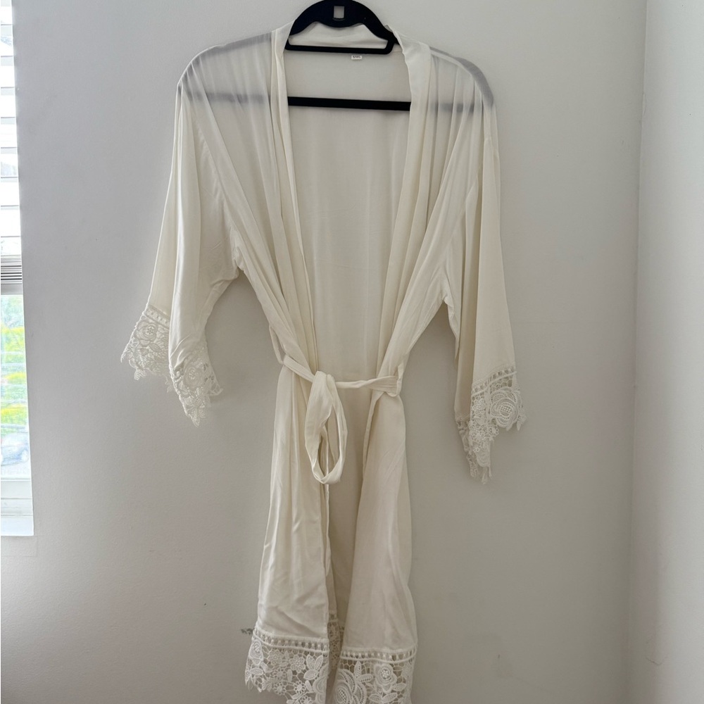White/Cream Lace Trim Robe with Tie Belt and Sheer Fabric